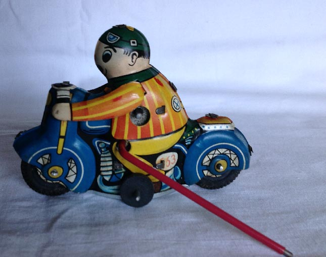 vintage Chinese tin plate clock work wind up motor cycle toy
